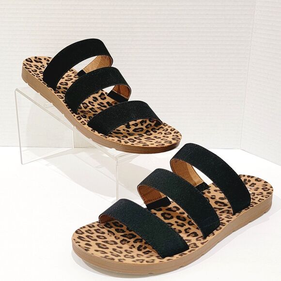 Corkys Dafne Women's Leopard Sandals Size 12 Black Tan 3 Strap Slip On Slides - Picture 2 of 13